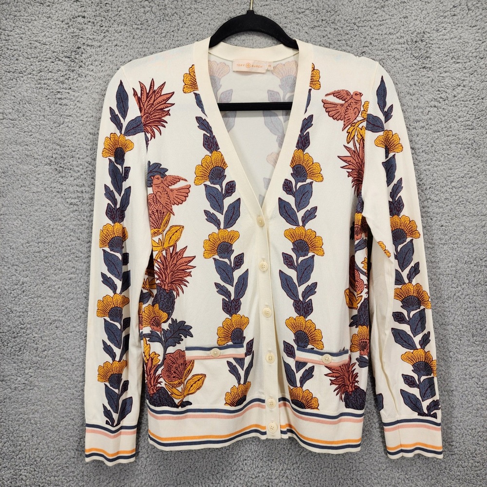 Tory Burch Women Ivory Floral Bird Print Button Front Cardigan Sweater Medium